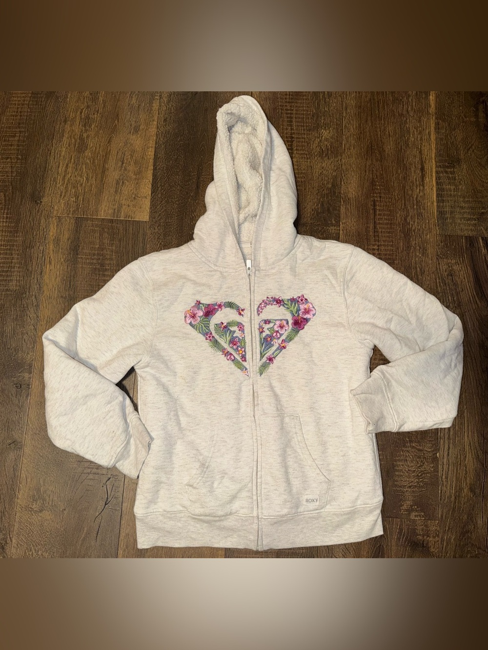 Roxy Girls' Light Gray Zip Hoodie with Floral Heart